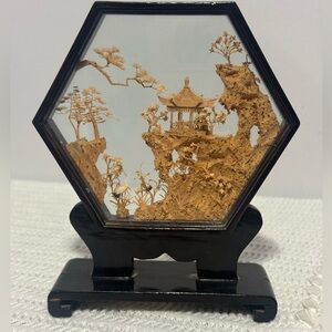 Hexagonal Asian hand curved cork Art Display with Stand